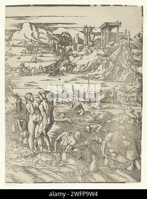 Alluvione (metà destra), Andrea Andreani (attribuito a), dopo Nicolò Boldrini, dopo Tiziano, 1568 - 1629 stampa uomini e donne cercano di portare se stessi e gli altri in salvo durante l'alluvione. Sulla destra un tempio e sull'acqua l'Arca di Noè. Tipografia: Italyafter stampa di: Veniceafter design by: Venice paper l'arca galleggia sulle acque, mentre la vita sulla terra è distrutta  storia di Noè Foto Stock