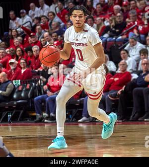 La guardia dei Rutgers Scarlet Knights Derek Simpson (0) allunga il campo durante una partita di basket Big Ten contro i Penn State Nittany Lions nella Jersey MikeÕs area di Piscataway, New Jersey, mercoledì 31 gennaio 2024. Foto Stock