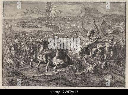 Destruction of the Egyptian Army in the Red Sea, Jan Luyken, 1703 Print Maker: Haarlem Publisher: Amsterdam paper etching with HIS people safe on the shore, Mosè alza le mani e fa tornare l'acqua; l'esercito del Faraone muore in acqua (Mar Rosso) Foto Stock