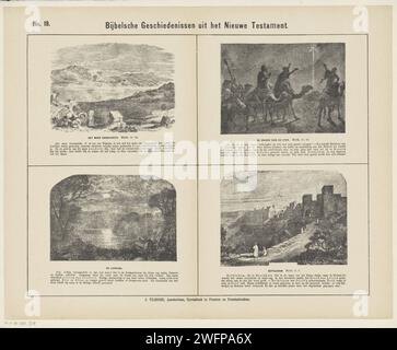 Storie bibliche dell'Antico Testamento, 1871 - 1908 stampa Foglia con 4 rappresentazioni di storie e luoghi dell'Antico Testamento. Lago Galilea, i re vedono una stella, il Jordaan e Betlemme. Il corrispondente testo della Bibbia sotto ogni immagine. Numerato in alto a sinistra: N. 19. Carta da lettera di Amsterdam con stampa Antico Testamento. lago. La storia dei tre saggi (re o Magi) (Matteo 2:1-12). river. Vista sulla città e paesaggio con costruzioni artificiali di Tiberiade. Jordaan. Bethlehem Foto Stock