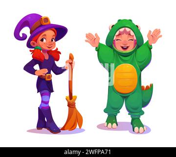 Bambini che indossano un costume carino per il carnevale o la festa di Halloween. Set vettoriale di cartoni animati con bambini che giocano in abiti creativi: Ragazza con abito da strega con cappello viola e scopa, ragazzo con abito da dino verde. Illustrazione Vettoriale