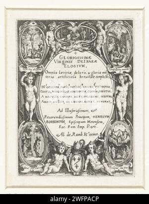 Cartiglio con testo circondato da putti e scene della vita di Maria, Jacques Callot, stampa 1621 - 1633 cartiglio ovale con testo latino, intorno al quale sei putti, cinque medaglioni con scene della vita di Maria e uno stemma. Le scene narrative riguardano dall'alto a destra in basso a destra (contro l'orologio): Nascita di Maria, nascita di Cristo, Crocifissione, Cristo appare dopo la sua morte a Maria, Ascensione e Incoronazione di Maria. Nancy cartaceo una serie di scene della vita di Mary. La nascita di Mary. adorazione del Cristo bambino di Maria e Giuseppe. Cristo crocifisso con Maria, Joh Foto Stock