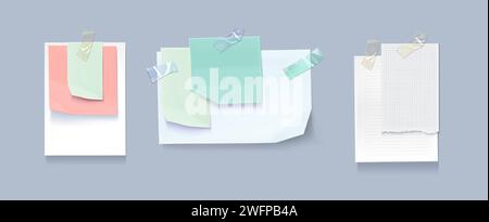 Serie di note cartacee isolate sullo sfondo. Illustrazione vettoriale realistica di pagine vuote per appunti attaccate alla bacheca o alla parete con nastro adesivo colorato, messaggio di promemoria, elenco delle attività da svolgere, foglio di programmazione Illustrazione Vettoriale