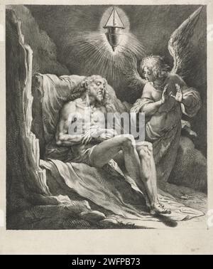 Dead Christ Begen di An Angel, Jan Harmensz. Muller, dopo Jacopo Ligozzi, 1593 - 1597 stampa un angelo piange con il Cristo morto. La scena è protetta da una lanterna. Carta di Amsterdam che incide Cristo lamentato dagli angeli Foto Stock