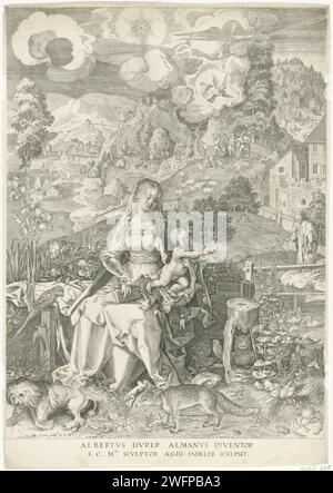 Maria incontrò Kind a Een Landschap, Egidio Sadeler (II), dopo Albrecht Dürer, 1580 - 1629 stampa Maria con il bambino di Cristo in grembo. Sullo sfondo un paesaggio montano con un angelo che proclama la nascita di Cristo ad un gruppo di pastori. In primo piano tutti i tipi di animali. Sconosciuta carta che annuncia la nascita di Cristo ai pastori (e/o pastori) di notte; una miriade di angeli canori nell'aria. Madonna: Cioè Maria con il Cristo bambino. montagne. bestie prede, animali predatori: fox. cane. crostacei: granchio. gufi Foto Stock