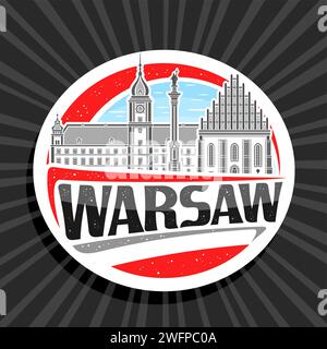 Logo vettoriale per Varsavia, etichetta decorativa bianca con contorno della città europea di varsavia sullo sfondo del cielo, frigorifero art design ma Illustrazione Vettoriale