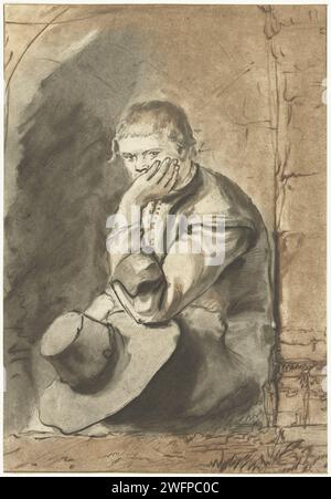 Uomo seduto, Jurriaan Cootwijck, dopo Rembrandt van Rijn, 1724 - 1798 stampa Un uomo è in una nicchia. Sostiene la testa con una mano. Tiene il cappello nell'altra mano. Figura seduta di carta di Amsterdam (+ maschio adulto (essere umano)) Foto Stock