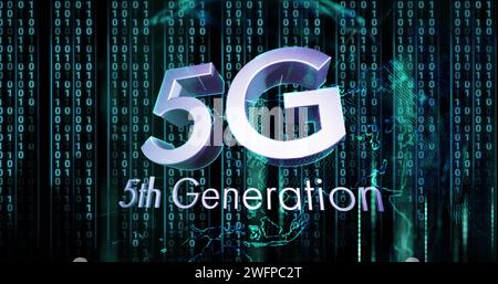 Immagine di elaborazione di dati e testo di generazione 5g su sfondo scuro Foto Stock