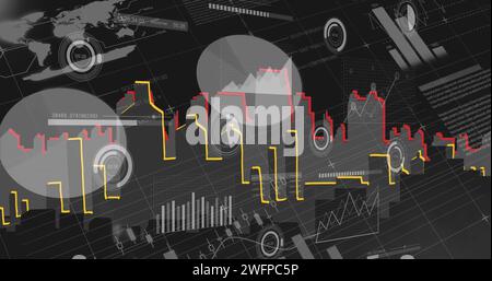 Immagine dell'elaborazione dei dati finanziari su un paesaggio urbano Foto Stock