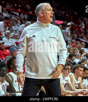 Steve Pikiell, capo-allenatore dei Rutgers Scarlet Knights, durante una partita di basket contro i Penn State Nittany Lions nella Jersey MikeÕs area di Piscataway, New Jersey, mercoledì 31 gennaio 2024. Foto Stock