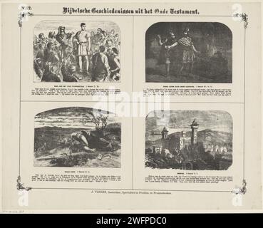 Storie bibliche dell'Antico Testamento, 1871 - 1908 stampa Foglia con 4 rappresentazioni di storie e luoghi dell'Antico Testamento. Saul viene presentato al popolo, David salva la vita di Saul, la morte di Saul e Hebron. Il corrispondente testo della Bibbia sotto ogni immagine. Numerato in alto a sinistra: N. 12. Carta da lettera di Amsterdam con stampa Antico Testamento. La morte di Saul. Saul e David nella stessa grotta; Saul si solleva. La storia di Saul Hebron Foto Stock