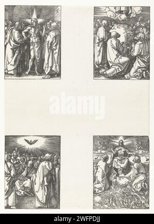 Unbelieving Tomas, Ascensione, Pentecoste, giudizio universale, Albrecht Dürer, 1510 stampare la nona serie di quattro scene della serie stampa "De Kleine passie", ancora non dipinte con 4 immagini su 1 foglio. In alto a sinistra: Il discepolo Tomas si sente sul silow di Cristo, circondato dagli altri discepoli. In alto a destra: Cristo sale al cielo alla presenza dei suoi discepoli e della madre. In basso a sinistra: Lo Spirito Santo scende sotto forma di piccione sugli apostoli e su Maria. In basso a destra: Cristo come giudice in cielo durante il giudizio universale, con Maria sulla destra e Giovanni il Bapt Foto Stock