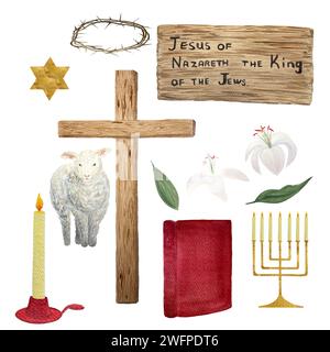 Acquerello croce in legno, agnello, corona di spine, candela Bibbia per Pasqua, illustrazione religiosa isolata su bianco Foto Stock