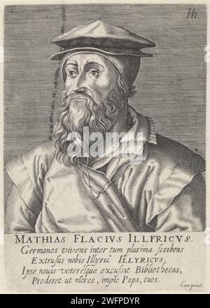 Ritratto di Matthias Flacius, Hendrick Hondius (i), stampa del 1599 Busto di Matthias Flacius. Sotto il ritratto ci sono il nome e quattro regole in latino. Stampa da (parte 1) i ritratti della serie di famosi riformatori. Incisione su carta dell'Aia Foto Stock