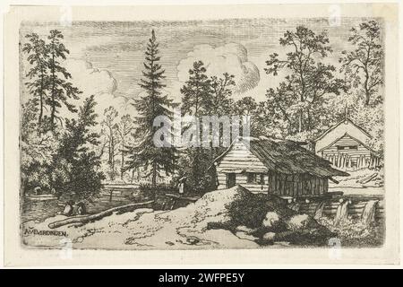 Paesaggio con tre persone che guardano una barca a remi, Allaert van Everdingen, 1651 - 1675 stampa paesaggio con due case di legno e una cascata. Su un lago una barca a remi con due persone. Lungo il lungomare ci sono due uomini e un po' più avanti c'è una donna. Cascata di incisione della carta olandese (+ paesaggio con cifre, personale) Foto Stock