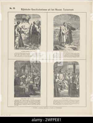 Storie bibliche dal nuovo Testamento, 1871 - 1908 stampa Leaf con 4 esecuzioni di storie dal nuovo Testamento. Il cieco Bartimeüs, gli Emmausgoers, Giuda Iskariota negozia con i sommi sacerdoti e Pilato si lava le mani. Il corrispondente testo della Bibbia sotto ogni immagine. Numerato in alto a sinistra: N. 23. Carta da lettera di Amsterdam con stampa Antico Testamento. Guarigione di due ciechi, o uno (Bartimeo), seduto vicino a Gerico (Matteo 20:29-34; Marco 10:46-52; Luca 18:35-43). Il viaggio verso Emmaus: Due discepoli (Cleopas e Pietro) in cammino. Giuda va dai preti, tradisce Foto Stock