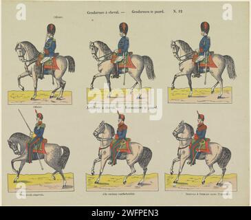 Gendarmi à Chavel / Gendarmen a cavallo / artiglieria à cheval / cannoni a cavallo, 1833 - 1911 stampa Foglia con 6 esibizioni di un ufficiale e soldati a cavallo. Numerato in alto a destra: N. 12. Tipografia di carta Turnwood che stampa il soldato; la vita del soldato. guerra; affari militari (+ cavalleria, cavalieri) Foto Stock