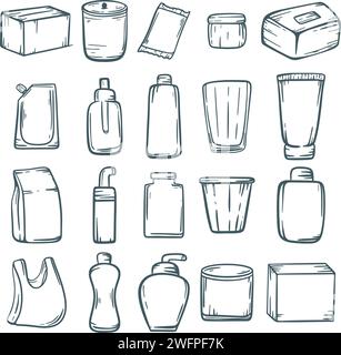 Set di stili di schizzo Doodles per imballaggio. Bottiglia di plastica, tubo, vaso, scatola di cartone, confezione, confezione varia raccolta disegnata a mano. confezione di articoli per la casa Illustrazione Vettoriale