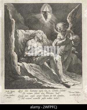 Dead Christ Begen di An Angel, Jan Harmensz. Muller, dopo Jacopo Ligozzi, 1593 - 1597 stampa un angelo piange con il Cristo morto. La scena è protetta da una lanterna. In fondo al margine un verso di quattro righe in latino. Carta di Amsterdam che incide Cristo lamentato dagli angeli Foto Stock