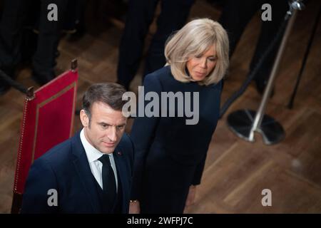 Lund, Svezia. 31 gennaio 2024. Brigitte ed Emmanuel Macron all'Università di Lund a Lund, nord-est di Malmoe, Svezia, il 31 gennaio 2024. Foto di Jacques Witt/Pool/ABACAPRESS.COM credito: Abaca Press/Alamy Live News Foto Stock