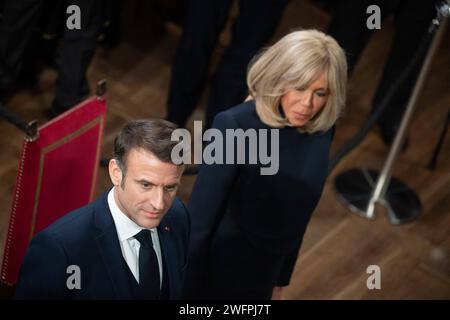 Lund, Svezia. 31 gennaio 2024. Brigitte ed Emmanuel Macron all'Università di Lund a Lund, nord-est di Malmoe, Svezia, il 31 gennaio 2024. Foto di Jacques Witt/Pool/ABACAPRESS.COM credito: Abaca Press/Alamy Live News Foto Stock