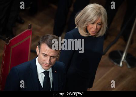 Lund, Svezia. 31 gennaio 2024. Brigitte ed Emmanuel Macron all'Università di Lund a Lund, nord-est di Malmoe, Svezia, il 31 gennaio 2024. Foto di Jacques Witt/Pool/ABACAPRESS.COM credito: Abaca Press/Alamy Live News Foto Stock