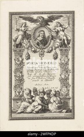 Eruport incontrò Portret van Wladislaus wasa 4, Jeremiah Falck, 1646 stampò un cancello onorario con il ritratto di Wladislaus Wasa IV, re di Polonia. Il ritratto è tenuto da due donne; la personificazione del trionfo della vittoria, con il Wapen van Polen e la personificazione della pace, con il Wapen van Zweden. Sopra il ritratto un'aquila con una corona di alloro, sotto una catena di uomini che rappresentano i popoli superati. Un'iscrizione in latino tra le colonne. Incisione su carta di Danzica Foto Stock