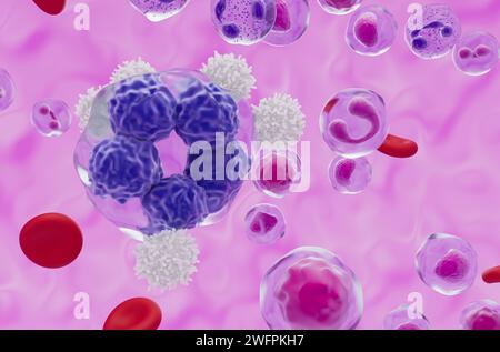 Leucociti con linfoma a cellule T - Vista ravvicinata illustrazione 3d. Foto Stock