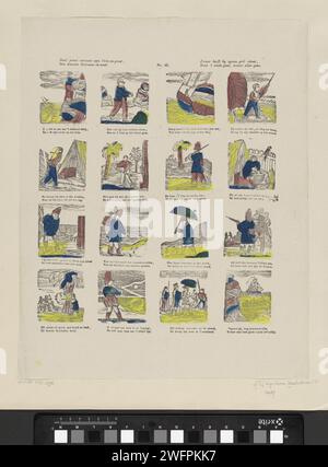 La stampa di Deez mostra piccole e grandi, / gli sciocchi Robinson che hanno bisogno. / Heavy ha la sua griglia, / ma la fine del bene, corona tutto bene, 1848 - 1881 fogli stampati con 16 spettacoli dalla storia di Robinson Crusoe che si estende su un'isola. Sotto ogni immagine un verso bidirezionale. Numerato al centro: N. 42. Editore: Den Boscheprint Maker: Stampa tipografica su carta olandese (scene tratte da) opere specifiche di letteratura: Defoe, Robinson Crusoe Foto Stock