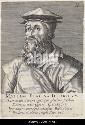 Ritratto di Matthias Flacius, Hendrick Hondius (i), stampa del 1599 Busto di Matthias Flacius. Sotto il ritratto ci sono il nome e quattro regole in latino. Stampa da (parte 1) i ritratti della serie di famosi riformatori. Incisione su carta dell'Aia / stampa su carta da stampa Foto Stock