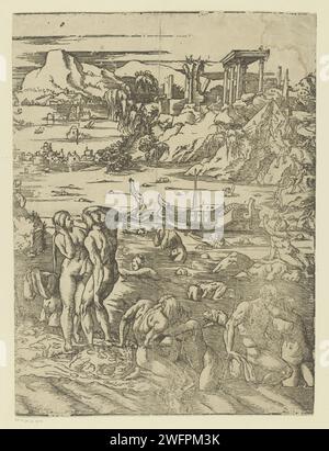 Alluvione (metà destra), Andrea Andreani (attribuito a), dopo Nicolò Boldrini, dopo Tiziano, 1568 - 1629 stampa uomini e donne cercano di portare se stessi e gli altri in salvo durante l'alluvione. Sulla destra un tempio e sull'acqua l'Arca di Noè. Tipografia: Italyafter stampa di: Veniceafter design by: Venice paper l'arca galleggia sulle acque, mentre la vita sulla terra è distrutta  storia di Noè Foto Stock