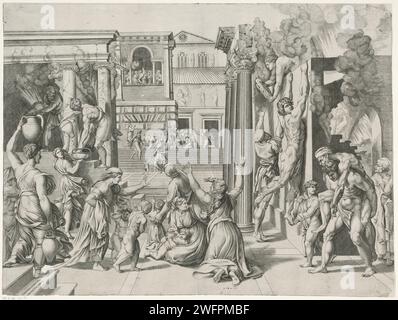 Marchio in Borgo, Marcantonio Raimondi (Scuola di), dopo Rafaël, 1514 - 1527 stampare Una città in fiamme. La gente cerca di spegnere il fuoco. Sullo sfondo Papa Leone IV che sta predicando a una folla. Tipografia: Italyprint Maker: ItalyaFter Pittura di: Incisione su carta della città del Vaticano a fuoco, ablaze. pope Foto Stock