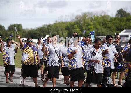 Pechino, Cina. 31 gennaio 2024. Le persone prendono parte a una parata che celebra il 56° anniversario dell'indipendenza di Nauru a Nauru, 31 gennaio 2024. Nauru ha tenuto una cerimonia per celebrare il suo 56 ° anniversario di indipendenza mercoledì. Crediti: Chen Guolong/Xinhua/Alamy Live News Foto Stock