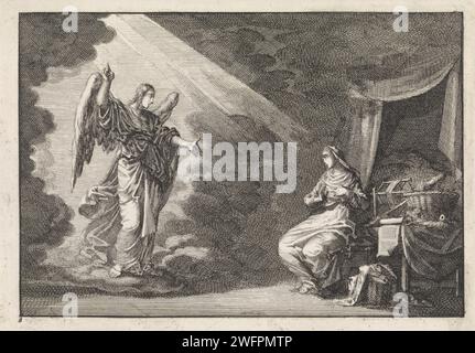 Annunciation, Jan Luyken, 1703 Print Maker: Haarlem Publisher: Amsterdam paper etching the Annunciation: Mary, di solito leggendo, è visitata dall'angelo (a volte una donna sente la conversazione) Foto Stock