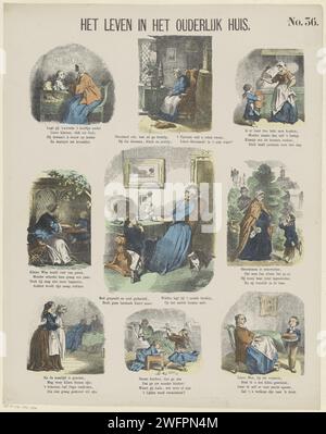 Vita nella casa dei genitori, 1874 fogli stampati con 9 spettacoli di scene del soggiorno, tra cui pregare, una nonna, biscotti da forno e il compleanno della madre. Un verso sotto ogni immagine. Numerato in alto a destra: N. 36. Stampa di carta tipografica Amsterdam nonni con nipote (Ren) (gruppo familiare). compleanno. pane, torta, pasticceria, ecc. Foto Stock