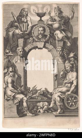 Frontespizio allegorico con arco in pietra con un ritratto a medaglione di Justus Lipsius, Cornelis Galle (i), dopo Peter Paul Rubens, nel o prima del 1637 stampa Un ritratto a medaglione dello scrittore Justus Lipsius è stato posto su un arco di pietra. Da entrambe le parti, le personificazioni della filosofia e della politica raffigurano i temi principali all'interno della sua opera. Oltre all'arco, due busti ritratti di autori antichi che Lipsio ha rilevato: Seneca e Tacito. Accanto a Minerva e mercurio e le attuali personificazioni della virtù (sinistra) e della cautela (destra). Pressione di un frontespizio per il collec di Lipsius Foto Stock