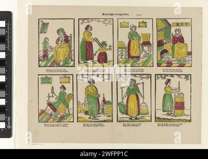 Attività domestiche, 1856 - 1900 fogli stampati con 8 spettacoli di attività domestiche, comprese rappresentazioni di spazzare, cucinare e filare. Sotto ogni performance un verso a due vie. Numerato al centro: (N. 54.). Carta Turnwood stampa di carte da lettera per la casa. gestione delle famiglie; casalinghe al lavoro. pulizia ( pulizia della casa). filatura (fabbricazione di filati). sminuire Foto Stock