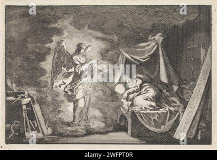 Engel appare a Joseph nel suo laboratorio di falegnameria, Jan Luyken, 1703 Print Maker: Haarlem Publisher: Amsterdam paper etching Joseph Working about Mary's pregnancy; Annunciation to Joseph in a Dream (Matteo 1:19:25) Foto Stock