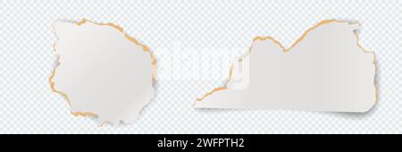 Set di carta grigia strappata con bordo giallo isolato su trasparente . Frammenti di carta strappata di diverse dimensioni e forme con adge strappati e ombre morbide. Illustrazione Vettoriale