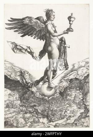 Nemesis, Albrecht Dürer, 1499 - 1503 stampare Una donna alata con una tazza in una mano e una spalmazione nell'altra, in piedi su una sfera, galleggiante sopra una valle fluviale con un villaggio. Carta di Norimberga incisione Nemesis (Adrastea). Fortuna, fortuna, Lot; "Fato", "fortuna", "Aurea Fortune", "Good Luck", "Peace Luck overo Clemente", "fate" (Ripa) Foto Stock