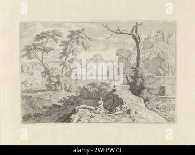 Paesaggio arcadiano con due donne, Johannes Glaber, 1656 - 1726 stampa un paesaggio arcadiano con un fiume. Rovine lungo la costa. In primo piano due donne in abbigliamento romano. Una città sullo sfondo. La stampa fa parte di una serie di paesaggi arcadiani. fiume di incisione della carta sconosciuto. pastorali, scene arcadiane. paesaggio con rovine (+ città(-scape) con figure, personale) Foto Stock