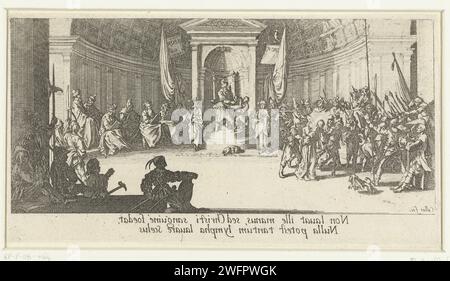 Pilatus si lava le mani in innocenza, Jacques Callot, 1619 - 1624 stampa in uno spazio semicircolare dall'aspetto classico, Pilatus si lava le mani sopra un piatto che tiene un servo davanti a lui. Nel frattempo, Cristo è condotto via dai soldati. Questa stampa è una controstampa (contre-épreuve) di una stampa che fa parte della serie incompiuta della stampa "la grande passione", composta da 7 scene della storia della sofferenza. Incisione / incisione / controprova Pilato lavarsi le mani (innocenza) Foto Stock