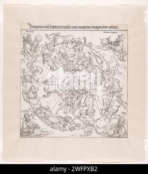 Hemelkaart van het emisfero settentrionale, Albrecht Dürer, dopo Conrad Heinfogel, 1515 stelle di stampa letterpress su carta stampata, rappresentate simbolicamente o allegoricamente. mappa stellare, mappa stellare. cuscinetto araldico Foto Stock