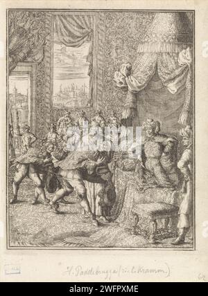 Vasco da Gama in udienza al Re di Calcutta, Herman Padtbrugge, 1676 stampa Vasco da Gama e il suo entourage piega per il re di Calcutta. Il re è disteso su un trono sotto un baldacchino. Sullo sfondo faccia a Calcutta. Incisione/incisione di persone storiche su carta di Amsterdam. Audizione; sovrano che dà al pubblico il Portogallo. Kolkata Foto Stock