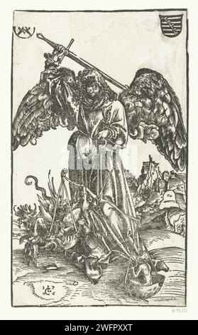L'Arcangelo Michaël uccide Satana e pesa un'anima, Lucas Cranach (i), 1506 stampa l'Arcangelo alato Michaël alza la sua spada per uccidere Satana, immaginato come un drago. Satana siede su una delle scale che è tenuta da Michele, nell'altra scala c'è un'anima di un morto. A sinistra e in alto a destra, sono raffigurati gli scudi con l'elettorato e il Ducale Wapen van Saxony. Germania la psicostasi della carta, l'Arcangelo Michele pesa le anime nella bilancia (e pugnala il diavolo) Foto Stock
