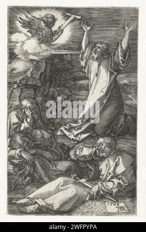 Cristo sul Monte degli Ulivi, Albrecht Dürer, 1508 stampa Cristo prega con le mani alzate nella corte di Getsemane, mentre i discepoli intorno a lui dormono. Questa stampa fa parte di una serie di 16 stampe con scene della storia sofferente. Carta di Norimberga che incide la preghiera di Cristo nel Giardino del Getsemani durante la notte Foto Stock