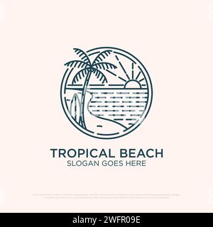 Design con logo Summer Tropical Beach, disegno vettoriale con logo Ocean line art, simbolo Illustrazione Vettoriale