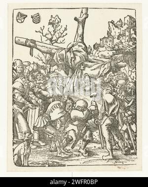 Petrus tortura la morte su Kruis, Lucas Cranach (i), 1510 - 1514 stampa Pietro è crocifisso con la testa, i soldati alzano la croce mentre altri guardano. In alto a sinistra ci sono due scudi con l'elettorale e il Ducale Wapen van Saxony. Il giornale tedesco Peter crocifisso a testa in giù Foto Stock