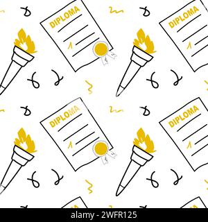Modello Doodle Champion senza cuciture con diploma e torcia. L'illustrazione vettoriale può essere utilizzata per lo sfondo sportivo, il tessuto, la stampa, la carta da imballaggio. Illustrazione Vettoriale