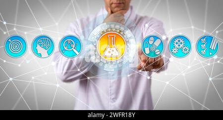Medico pensivo di ingegneria chimica aiutato dall'intelligenza artificiale a riflettere su come identificare una sostanza con un effetto terapeutico desiderabile. Concetto per la scoperta di farmaci Foto Stock